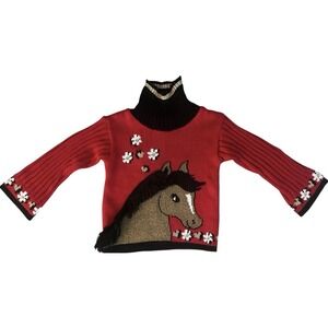 Heartworks Girls‎ Horse Sweater 18 Months Flowers Red Textured Equestrian NEW